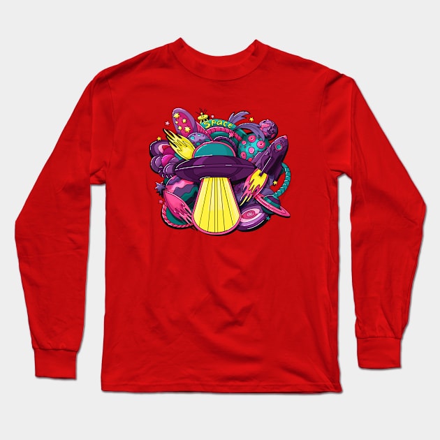 Flying saucer in space Long Sleeve T-Shirt by katanya78